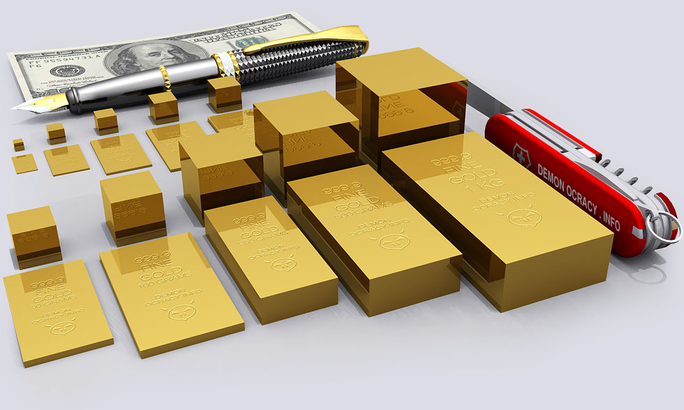 Gold bullion bars including a 1 kilo bar