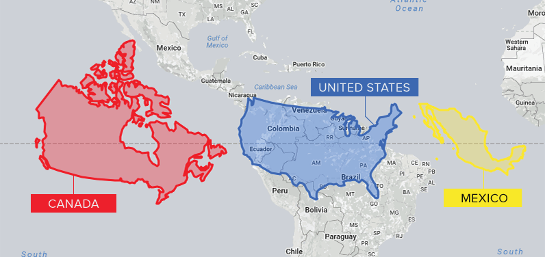 Mapa de comparación de tamaño entre Canadá, Estados Unidos y México