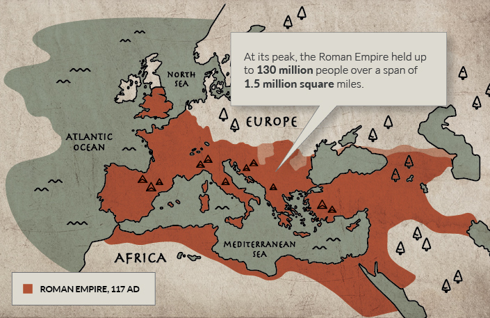 Estensione dell'Impero Romano sulla mappa europea