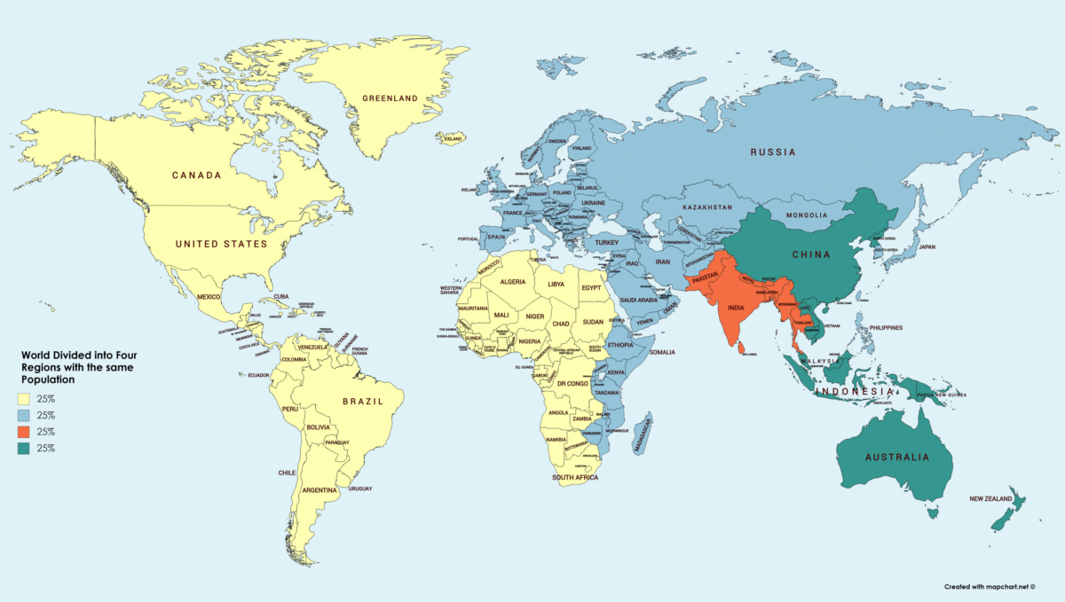 Mapped: The World Divided Into 4 Regions With Equal Populations