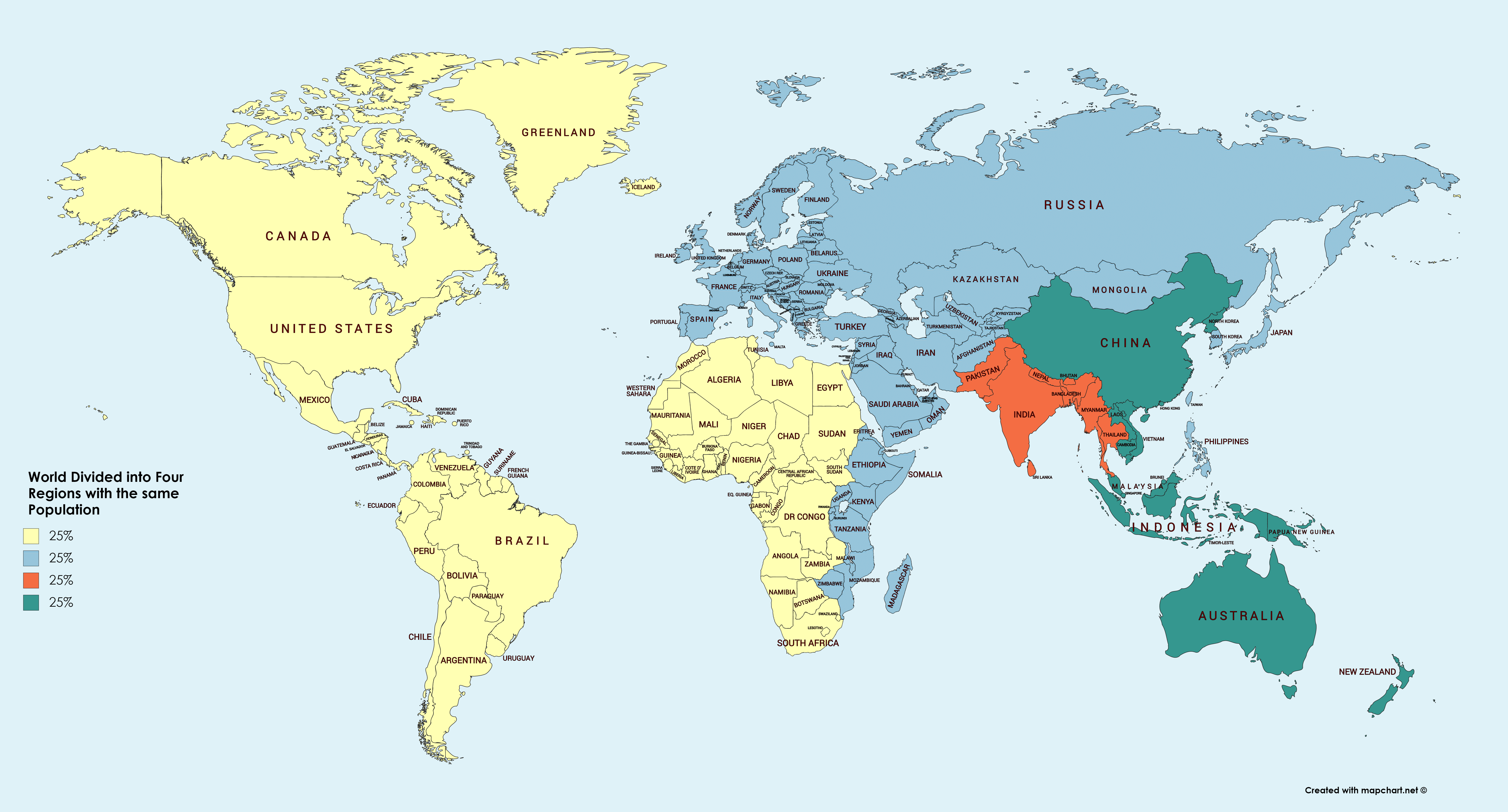 Mapped: The World Divided Into 4 Regions With Equal Populations