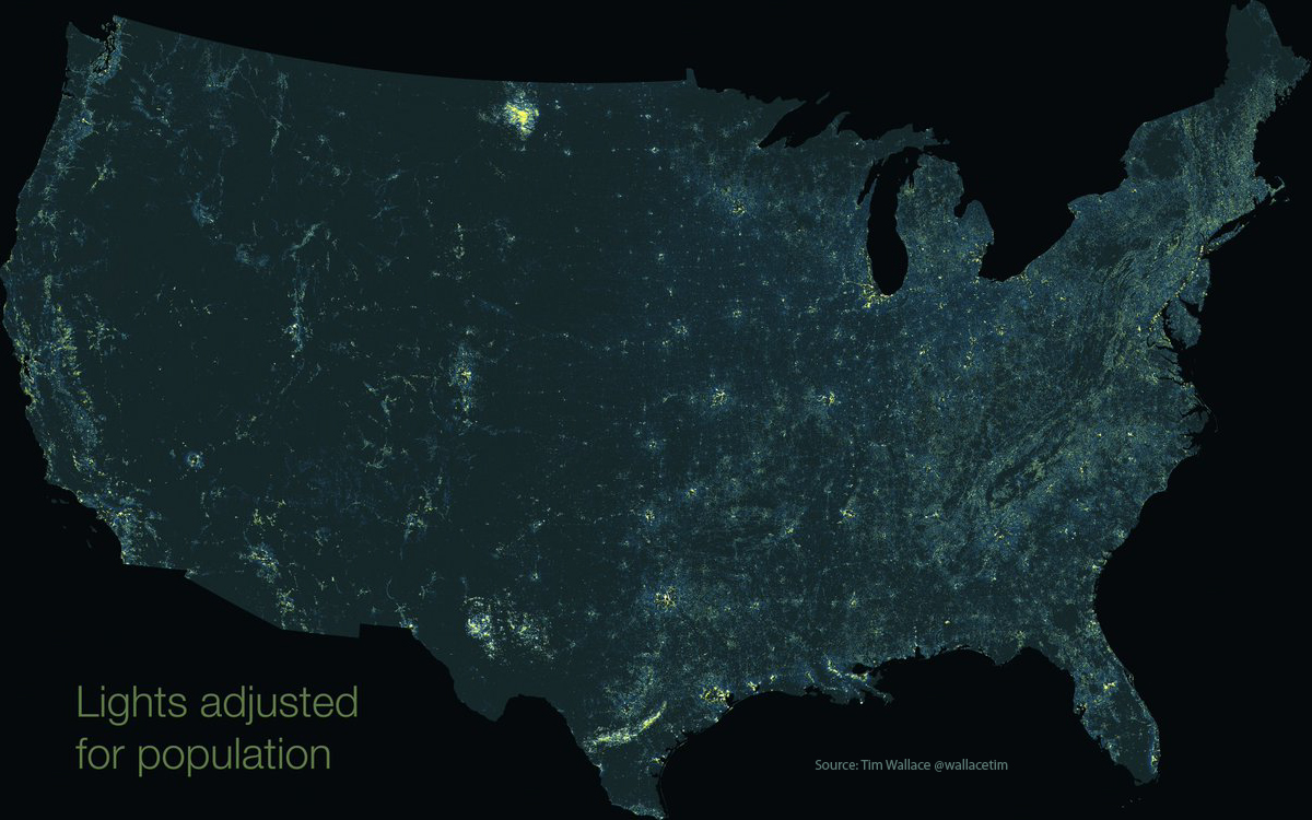 Rural light pollution map of United States