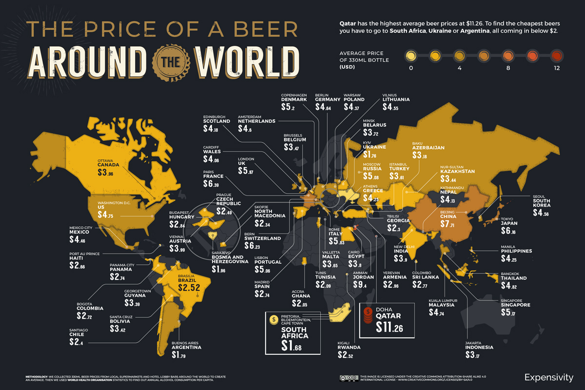 infographic map showing the price of a beer around the world in 2021