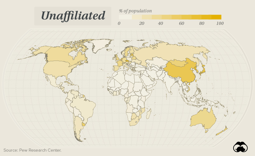 Map of the composition of Unaffiliated around the world