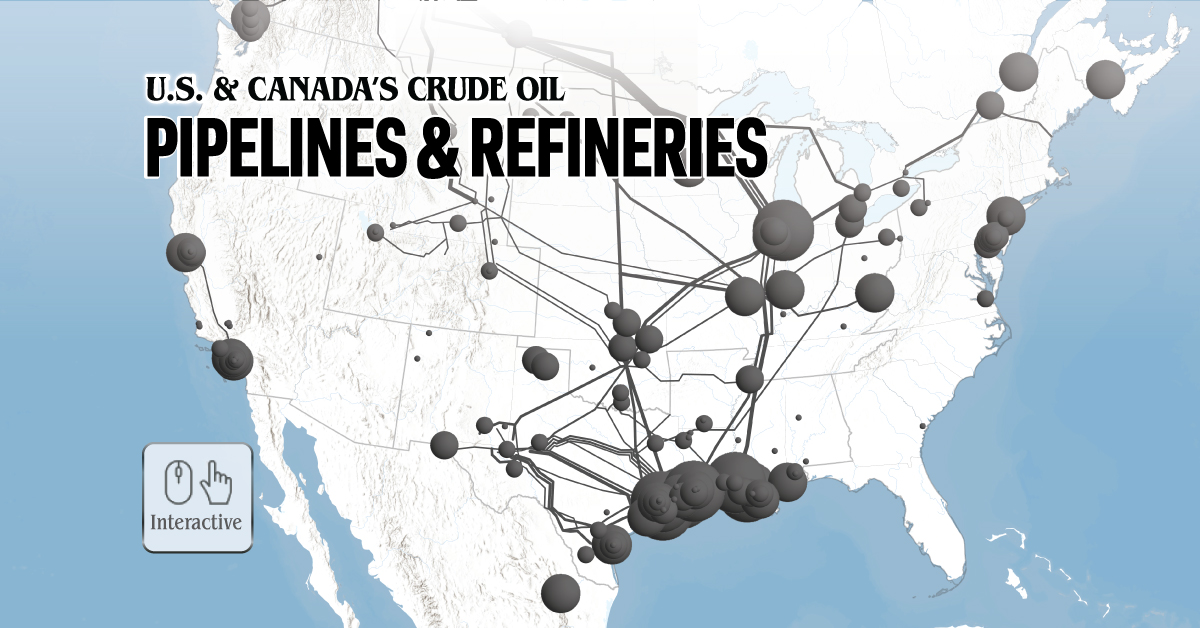 map of crude oil pipelines and refineries in north america