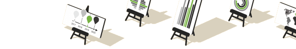 Animated charts on easels in a gallery setting