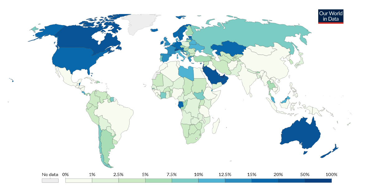 A map with the countries colored according to immigrants by country, as a percentage of the population.