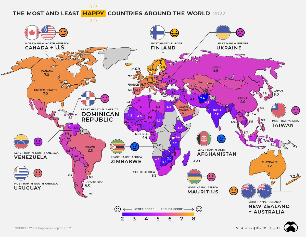 Mapped: Global Happiness Levels in 2022