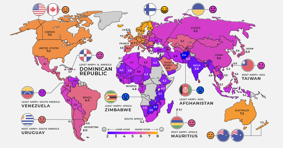 Mapped: Global Happiness Levels in 2022