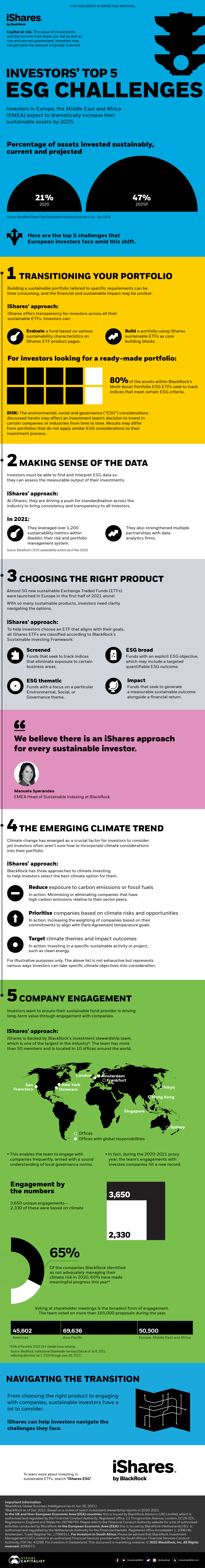 Long-form infographic showing the top ESG challenges investors face: transitioning your portfolio, making sense of the data, choosing the right product, the emerging climate trend, and company engagement.