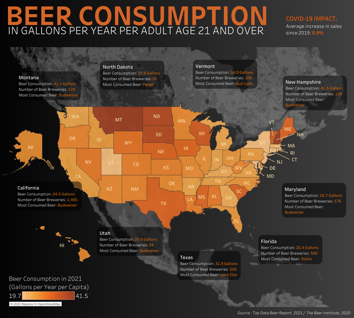  This visualization maps the consumption of beer by gallon across the U.S.