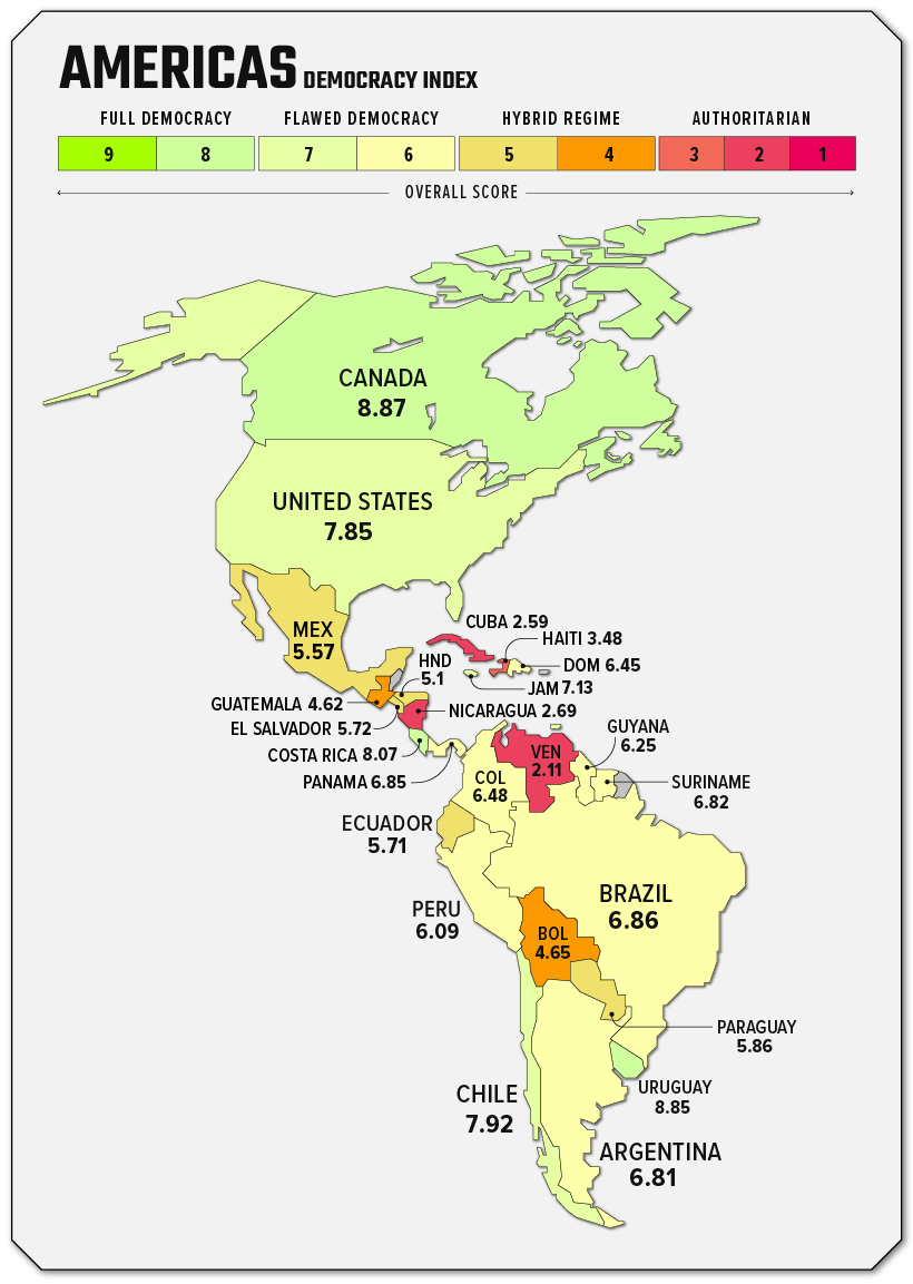 map showing democracy index measuring political regimes in north and south america