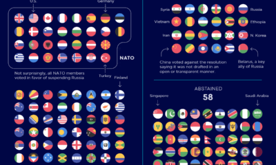 Visualization showing Russia's suspension from UN Human Rights Council. 93 countries voted for the resolution, 24 against