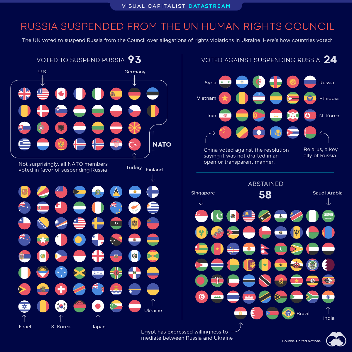 Visualization showing Russia's suspension from UN Human Rights Council. 93 countries voted for the resolution, 24 against