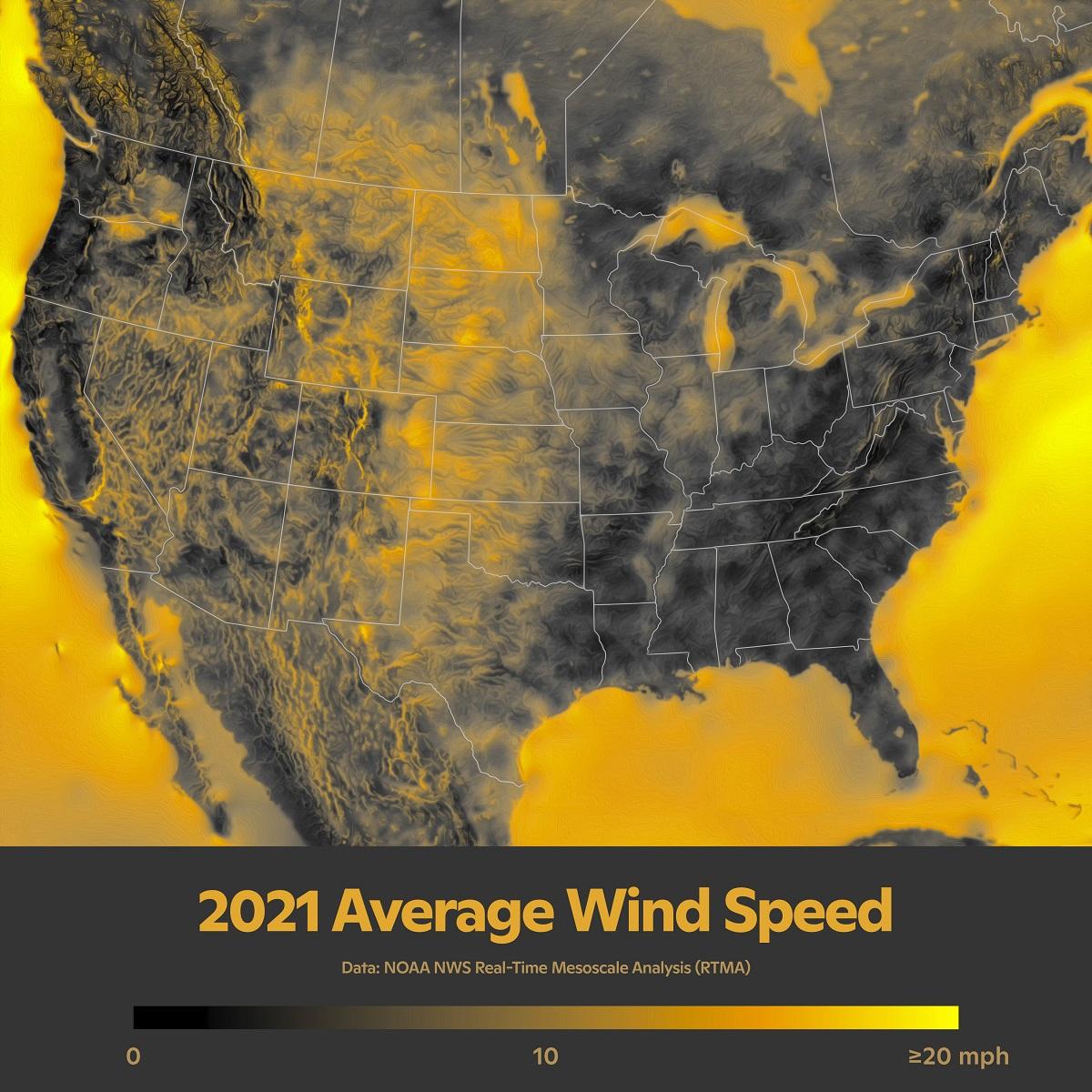 a map of average wind speed across the continental U.S. in 2021