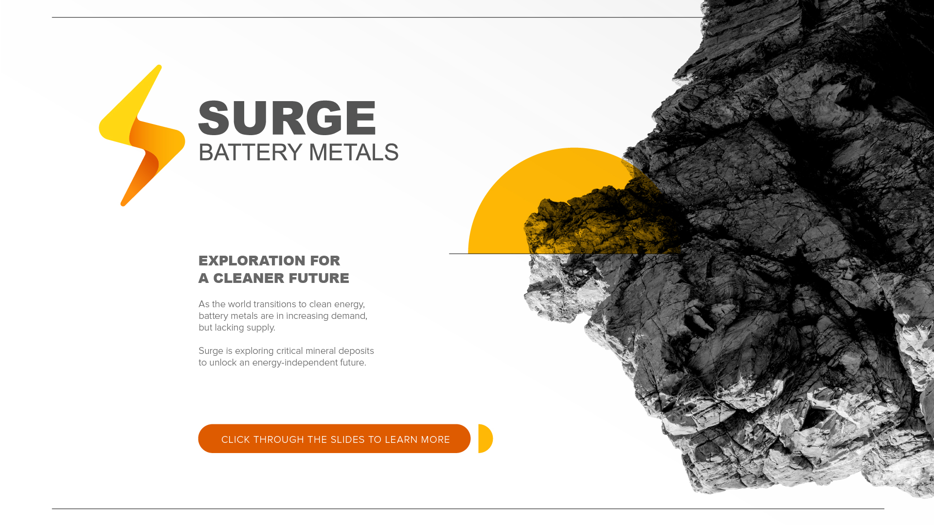 Surge Battery Metals slide introducing the company logo and their focus in exploring critical mineral deposits to help the world's transition to clean energy.