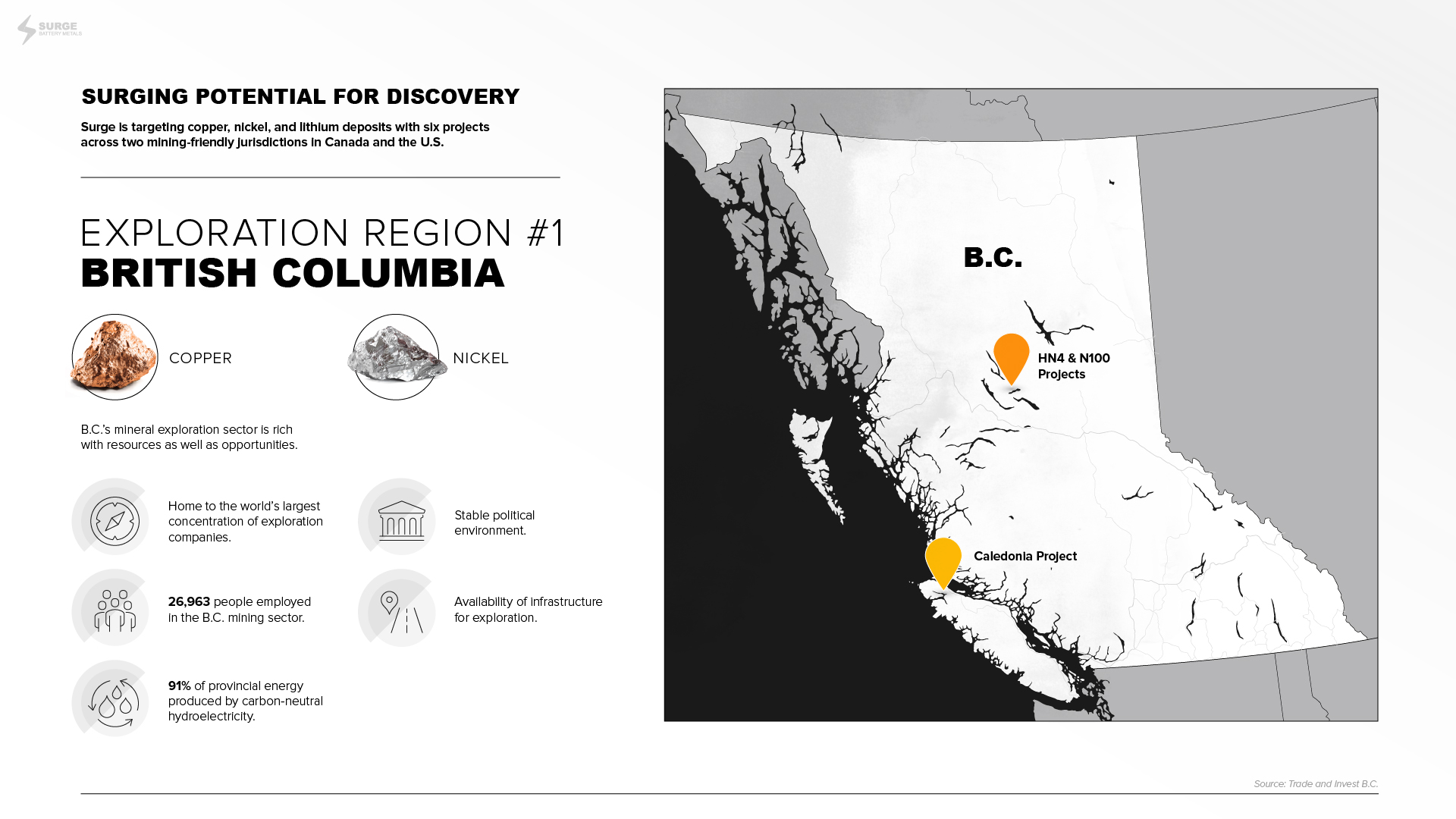 Map of British Columbia, Canada, with Surge Battery Metals projects highlighted: Caledonia project, HN4 and N100 Projects.