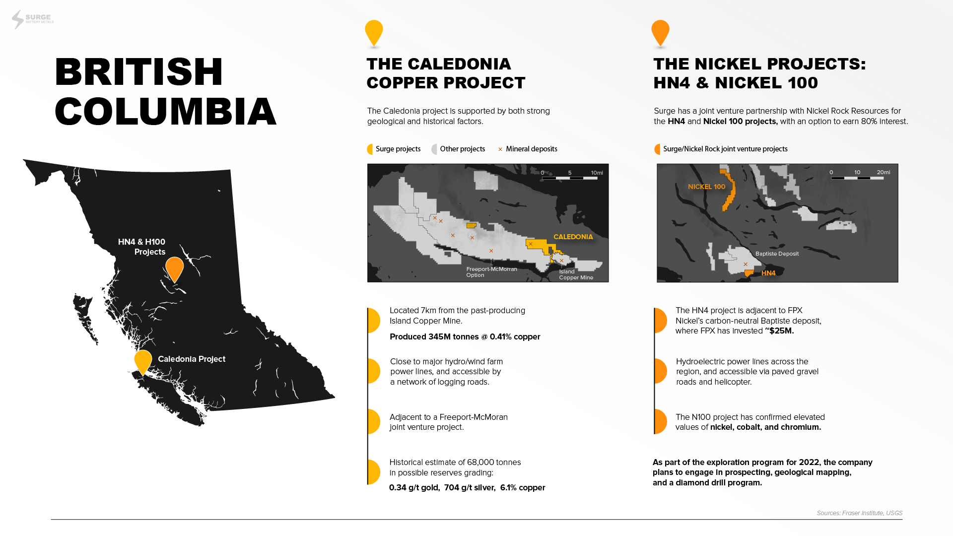 Project map outline for Caledonia Copper Project and HN4 and Nickel 100 nickel projects are shown, along with key facts about them.