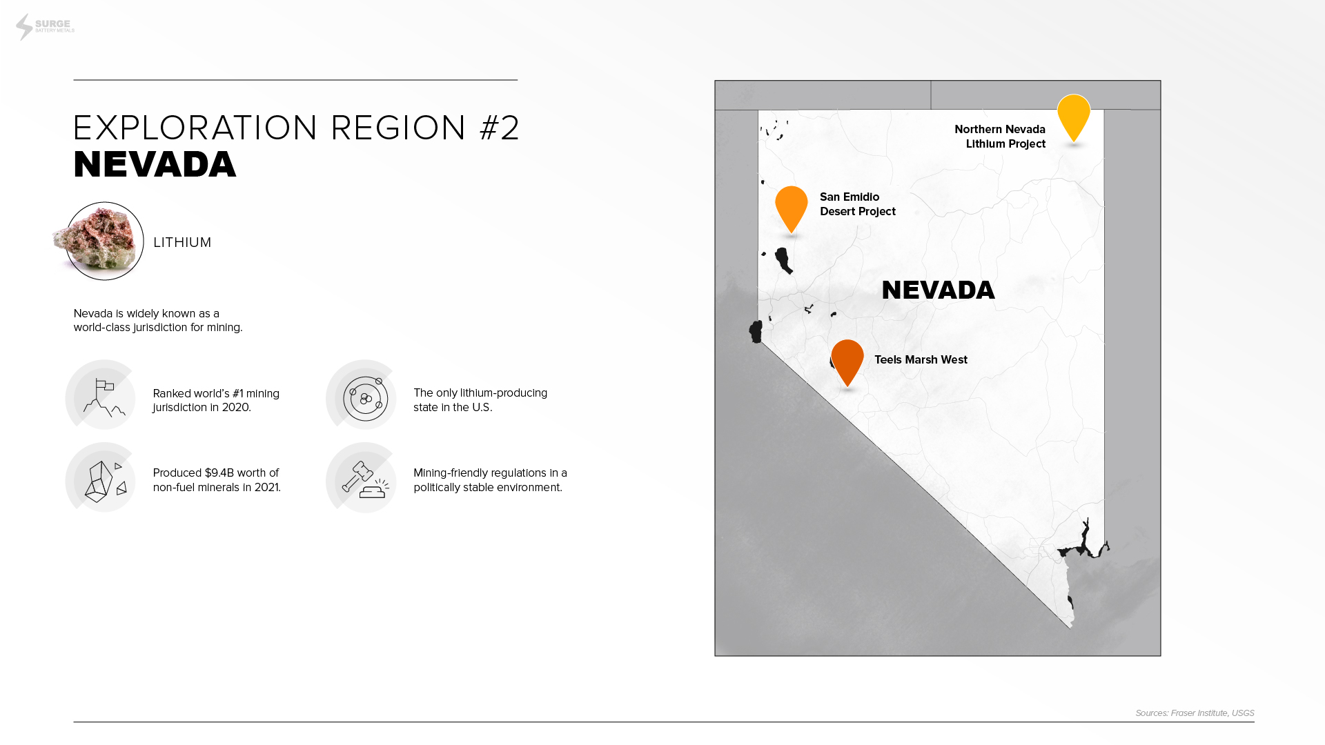 State map of Nevada, U.S., is shown, with key facts about the jurisdiction in relation to lithium production.