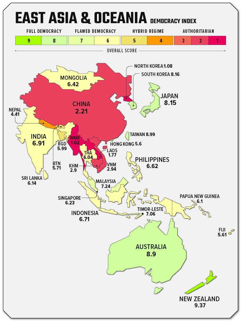 map showing democracy index measuring political regimes in east asia and oceania