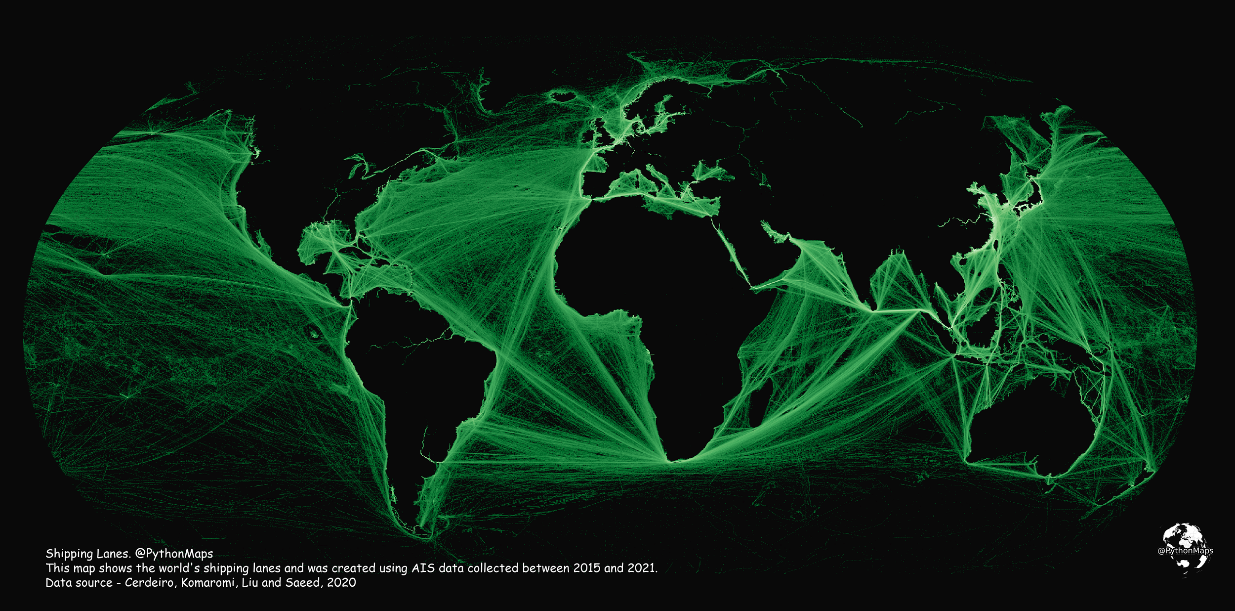 this map visualizes maritime traffic around the world and highlights the world's shipping lanes.