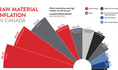 Spiral bar chart showing raw material inflation in Canada from May 2021 to May 2022. Crude energy products such as coal and crude oil had the highest inflation rates.