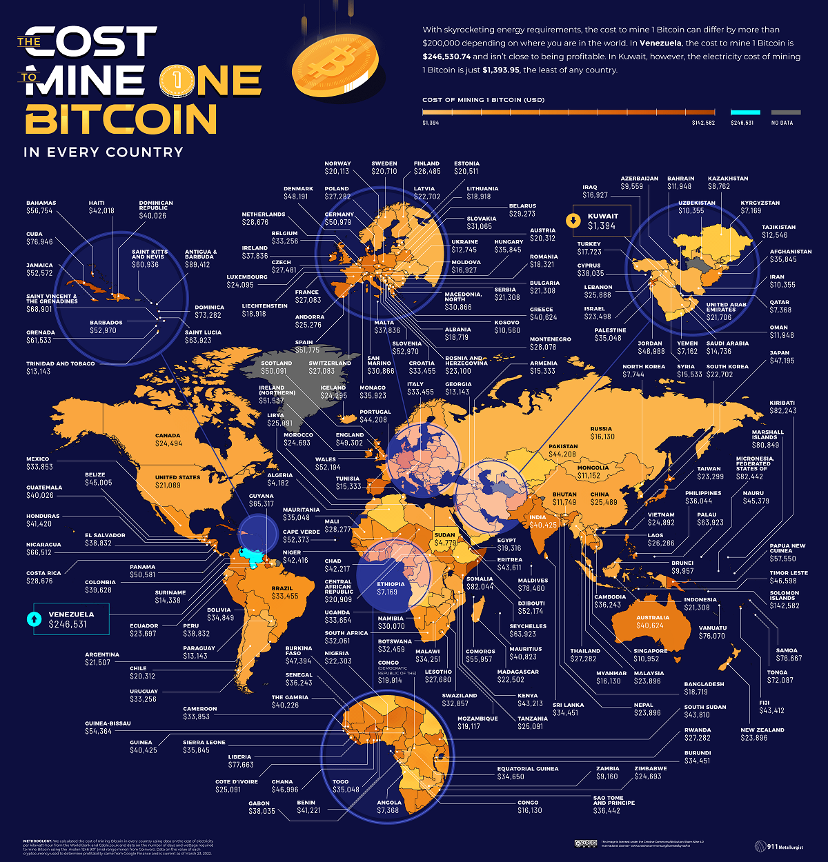 Map comparing the cost of mining bitcoin in 198 countries
