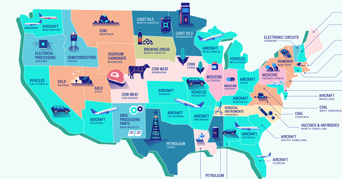 Map of the most common export in each U.S. state