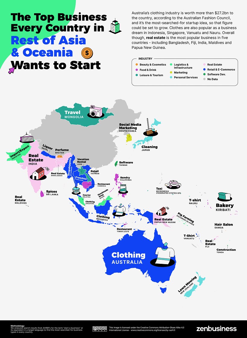 Map of the most searched businesses in Asia and Oceania