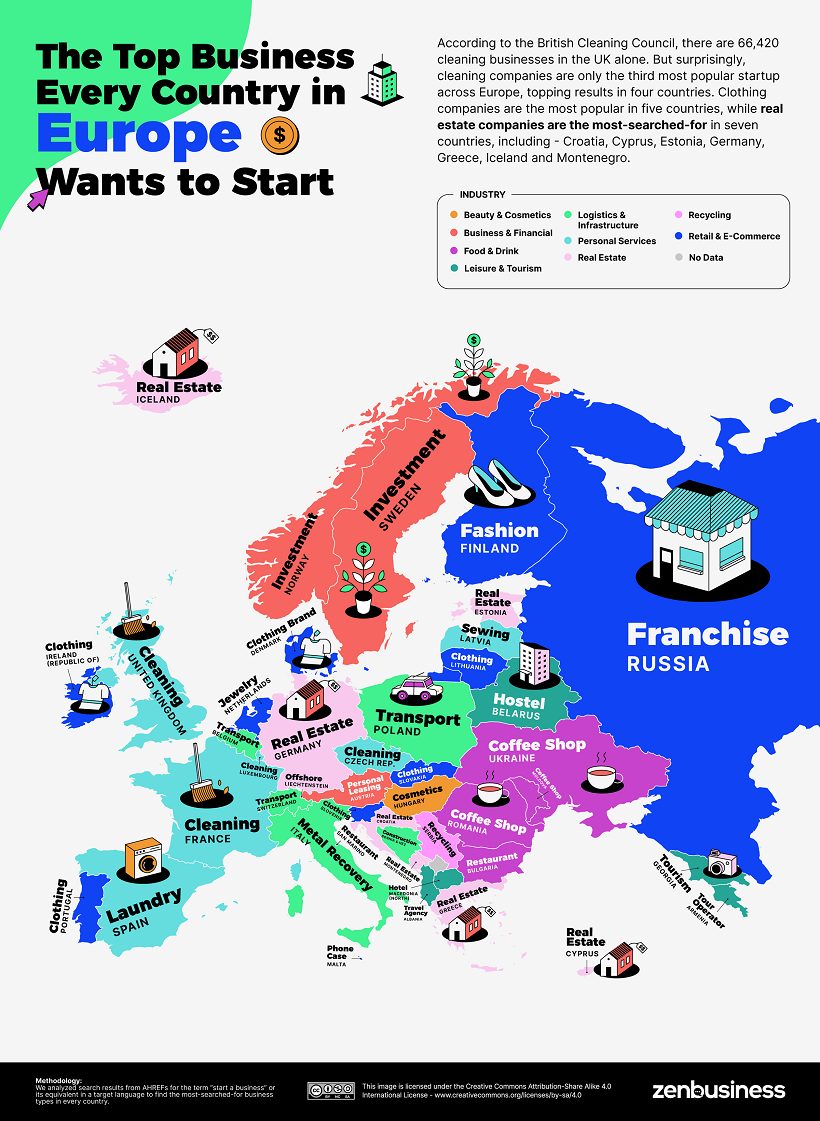 Map of the most searched businesses in Europe