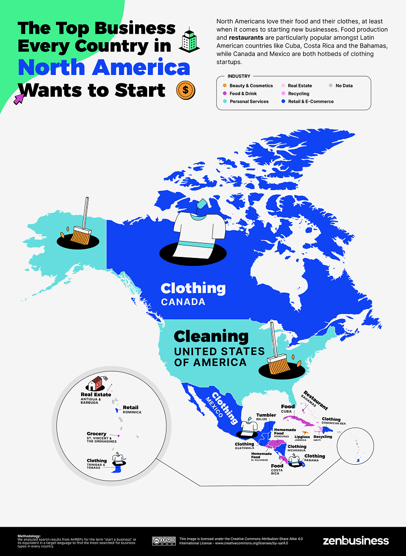 Mapa de los negocios más buscados en América del Norte