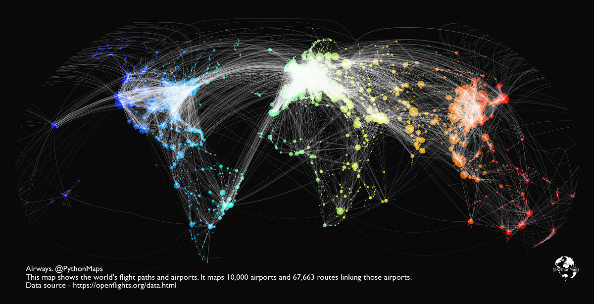 Map of the world's flight paths and busiest air routes