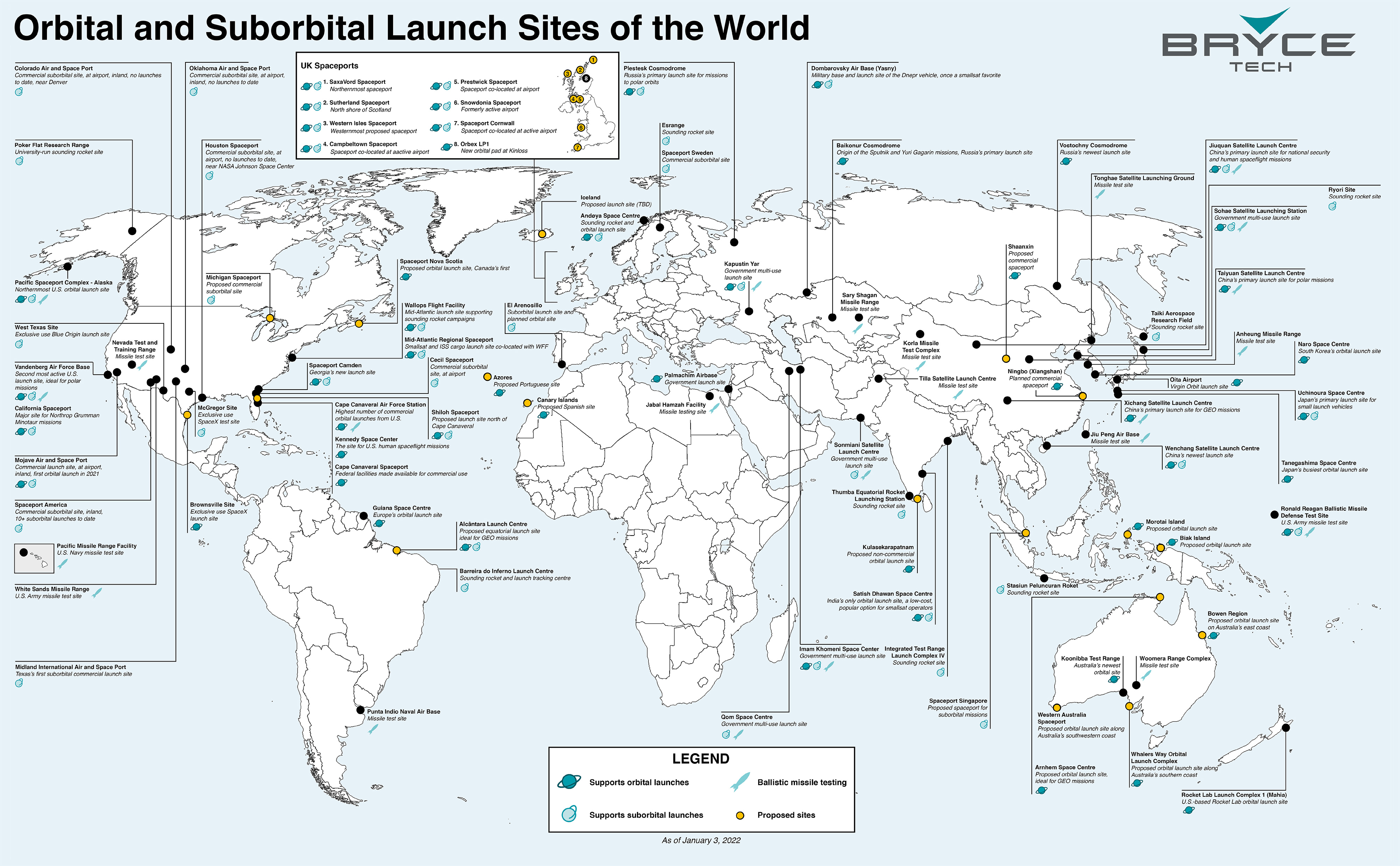 World map showing orbital and suborbital rocket launch sites