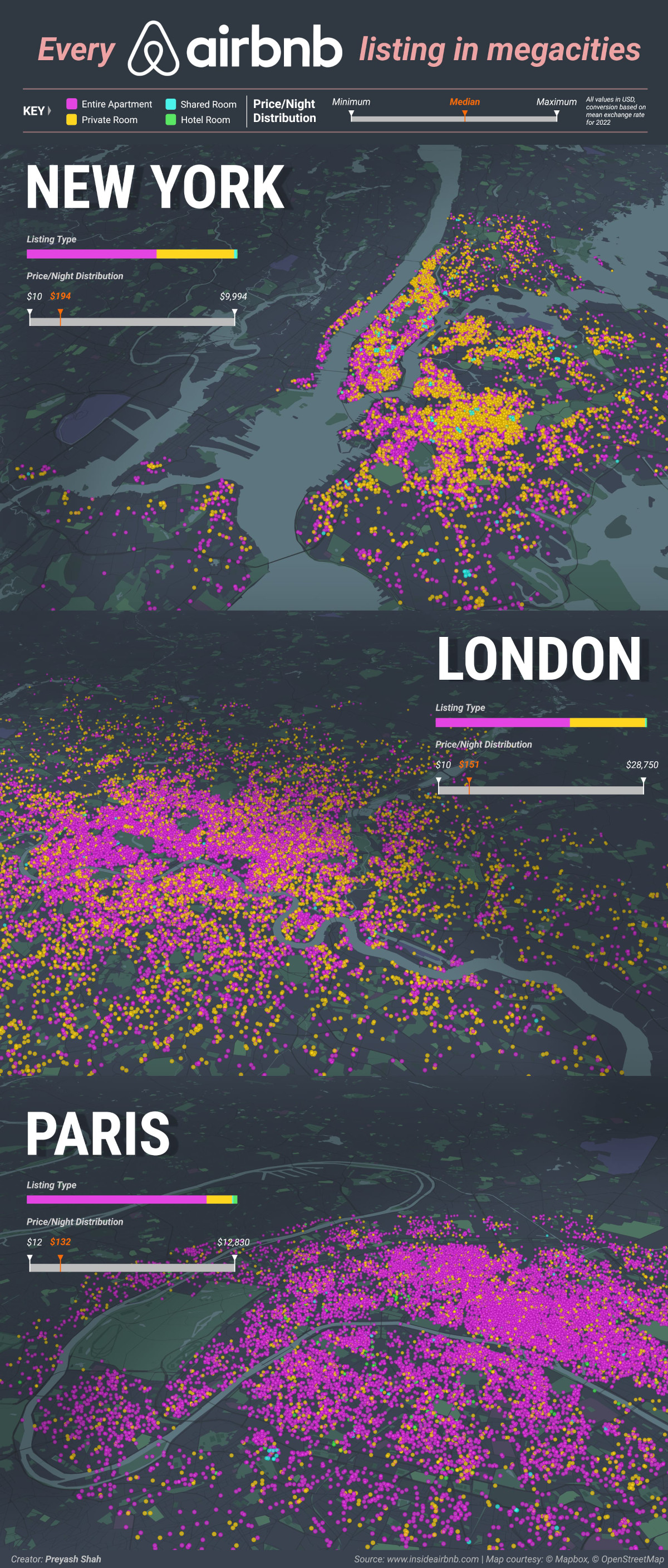 map of every airbnb listing in paris, london and new york