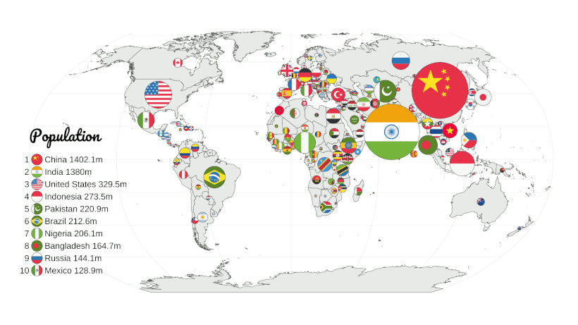 这张地图按总人口比较各国