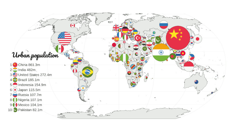 questa mappa confronta i paesi in base alla popolazione urbana