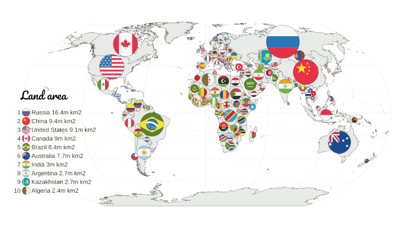 这张地图按土地面积比较国家