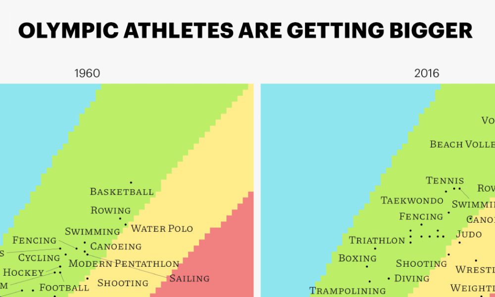 A chart showing the average height and weight of Olympic athletes, categorized by sport, using data from 1960 to 2016.