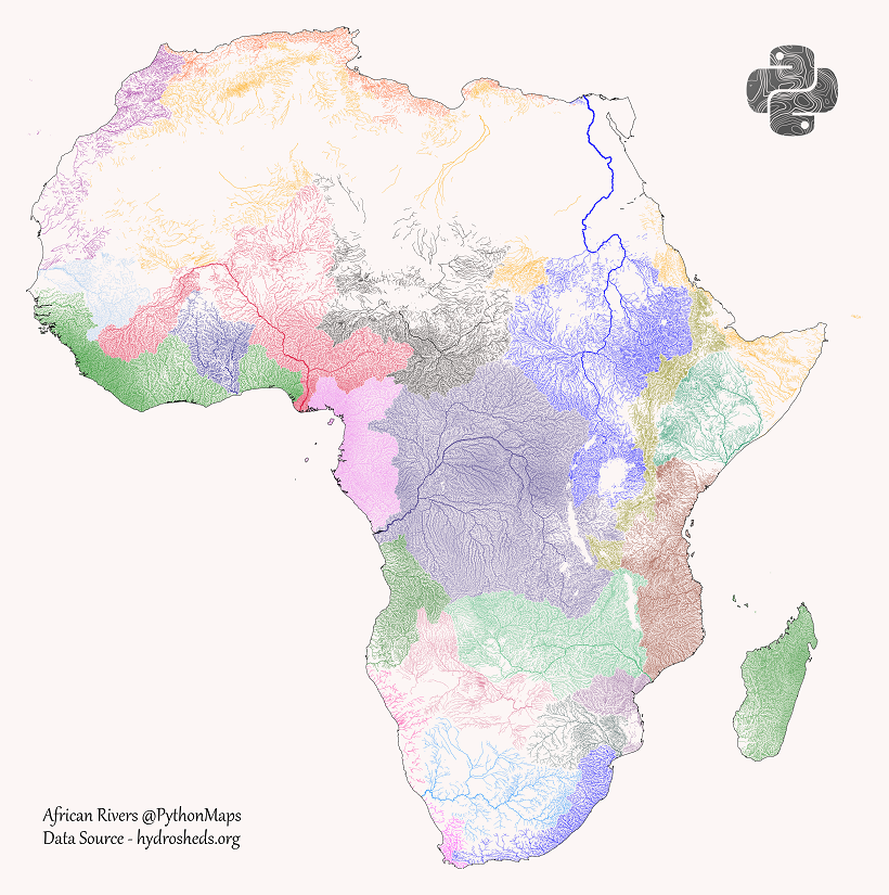 map of river drainage basins in Africa