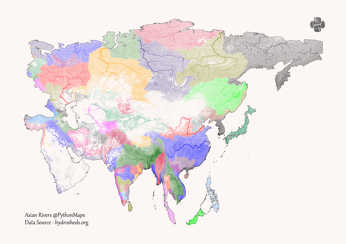 mapa de cuencas fluviales en Asia