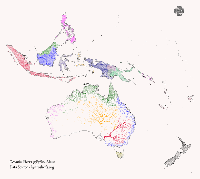 map of river drainage basins in Oceania