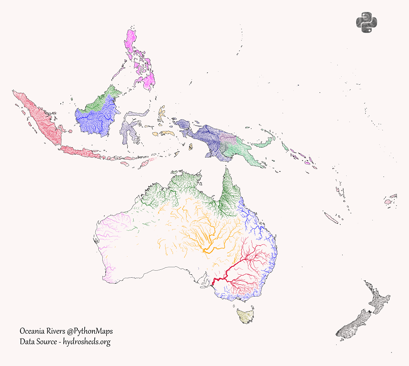 mapa de cuencas fluviales en Oceanía