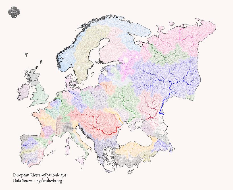 map of river drainage basins in Europe