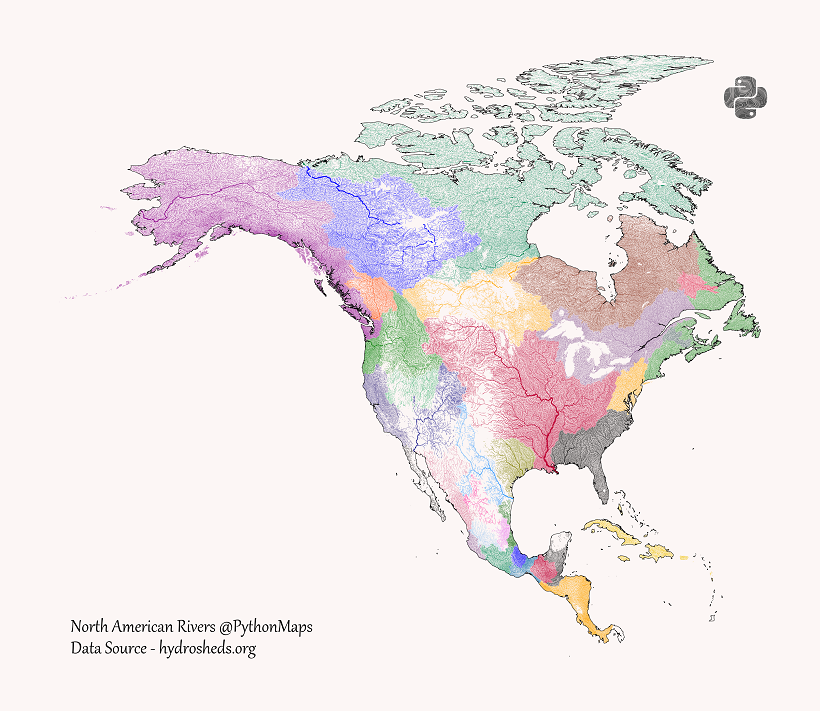 map of river drainage basins in North America