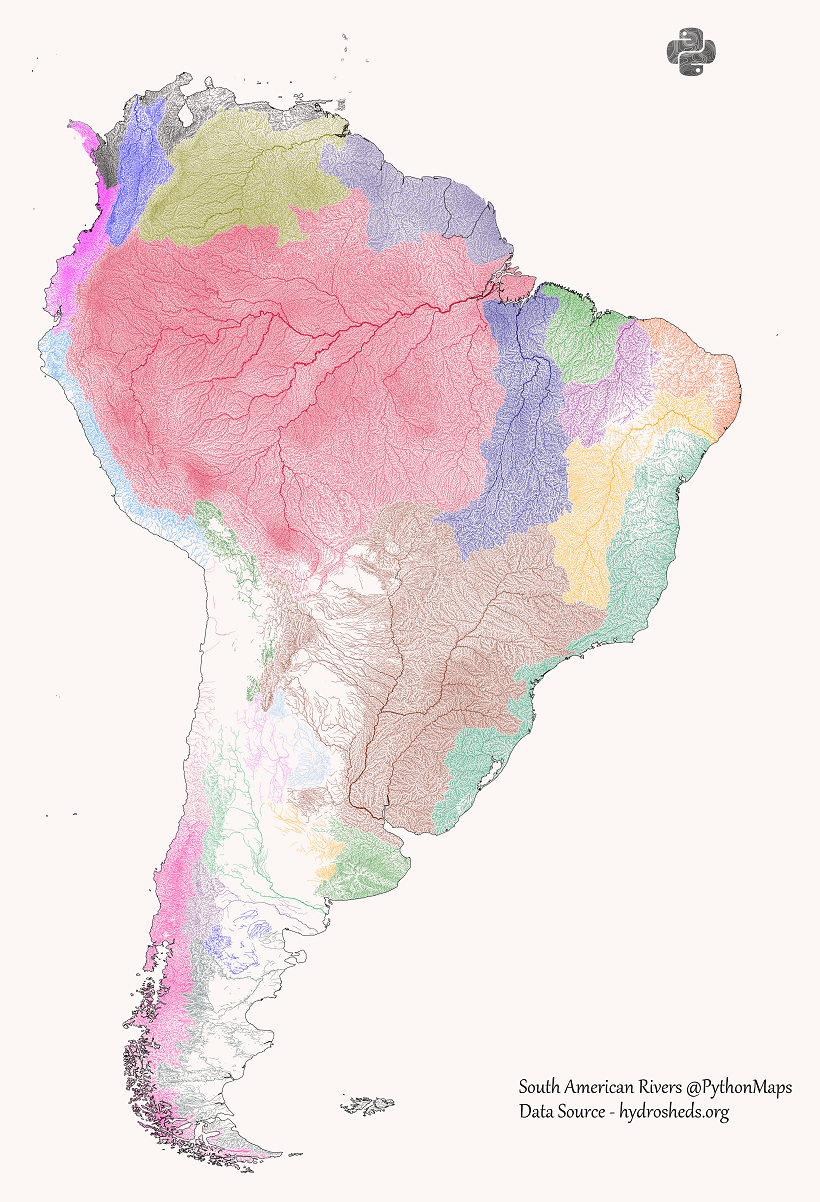 map of river drainage basins in South America