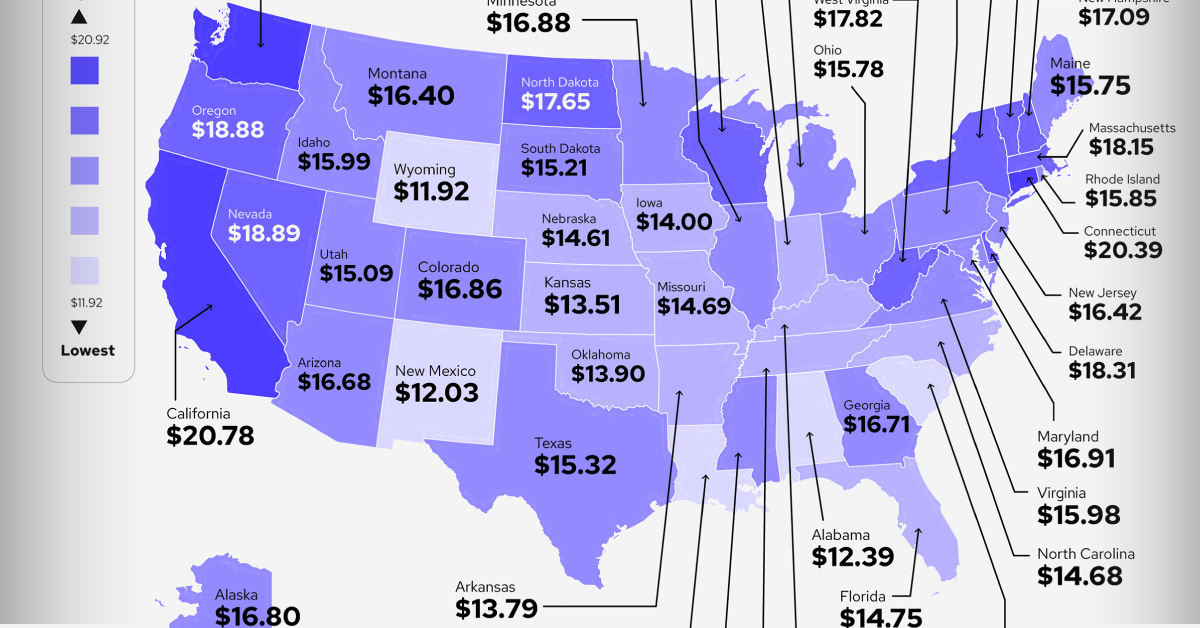 A map of the hourly internship pay in each U.S. state.