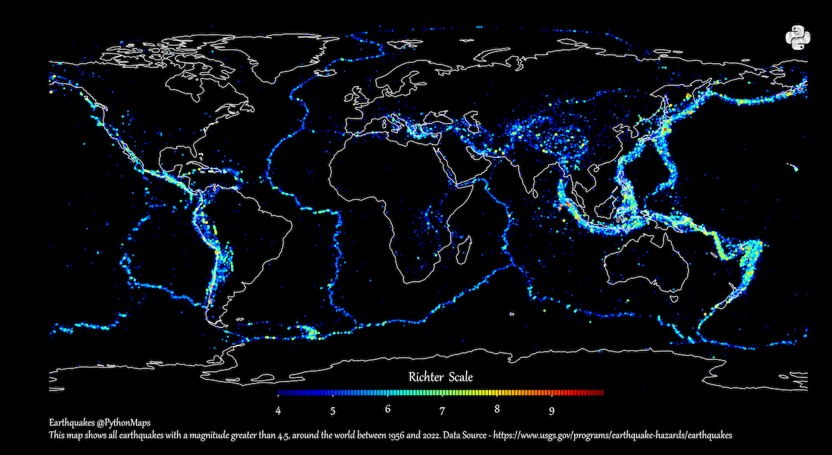 この地図は、1956 年から 2022 年までに記録された地震の震源地を強調表示しています。