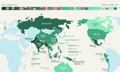 World map with countries coloured according to their level of geopolitical risk. Pakistan has the most geopolitical risk while New Zealand has the least.