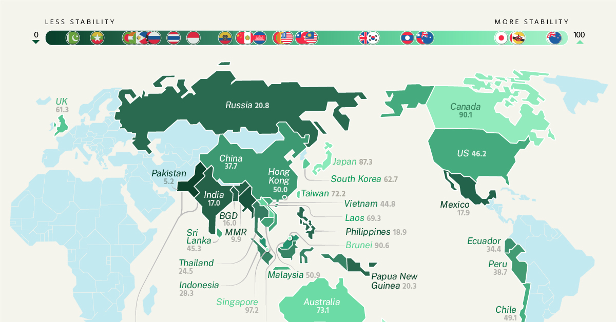 World map with countries coloured according to their level of geopolitical risk. Pakistan has the most geopolitical risk while New Zealand has the least.