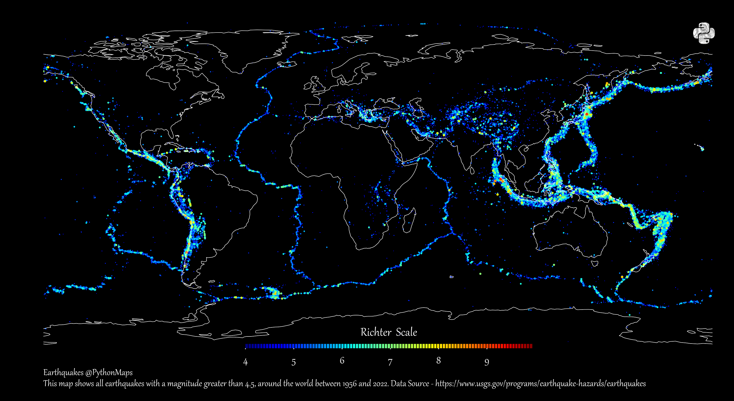 This map highlights the epicenters of earthquakes on record between 1956 and 2022.